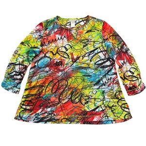 Multiples Abstract Artistic Unique Print 3/4 Sleeve‎ Tunic Top Womens Size S